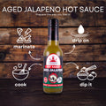 Aged Jalapeno hot sauce, vegan sauce, gluten free, lactose free