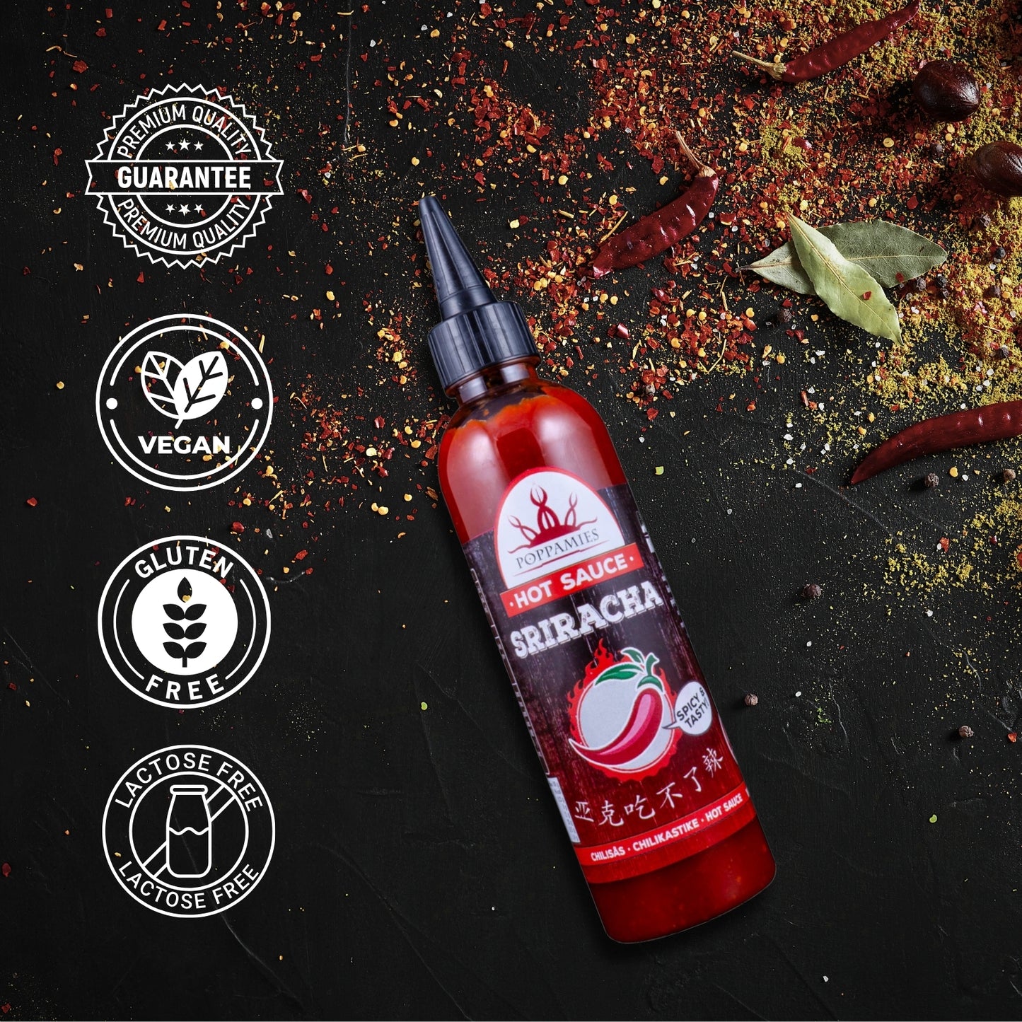 Poppamies Sriracha Hot Sauce - International Flavor Awards 2019 - Winner Sauce - Gluten Free Lactose Free Vegan - Spiciness: 4/10 - 275g