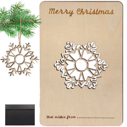 Wooden Christmas Card Snowflake & Envelope, Merry Christmas Card For Friends & Family, Hanging tree decorations, Linen Thread
