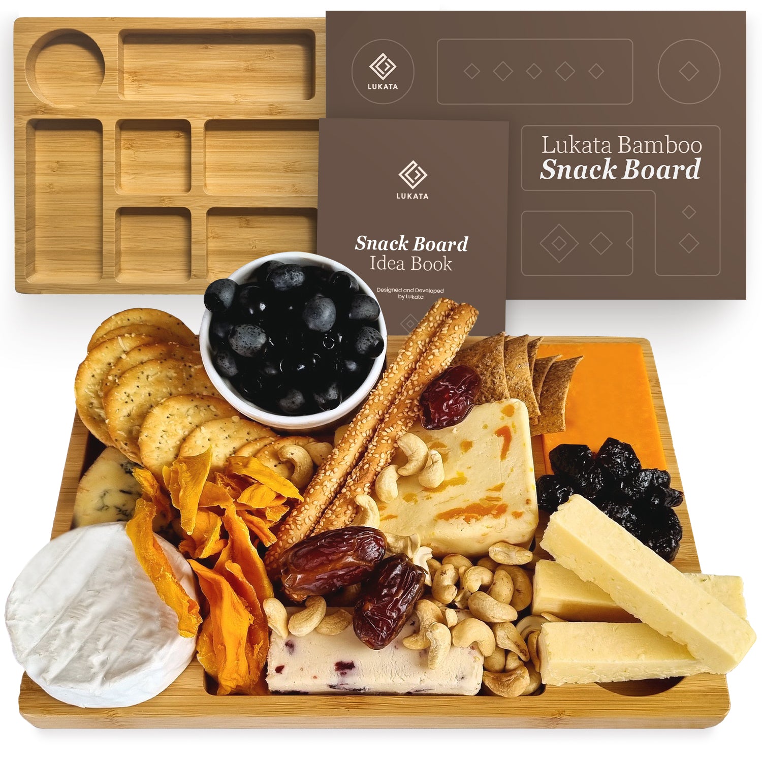 Grazing Board – Charcuterie Board for Snacks Cheese & Appetizers – Durable Bamboo Serving Platter Tray for Parties Guests Picnics – 32cm x 22cm x 2cm