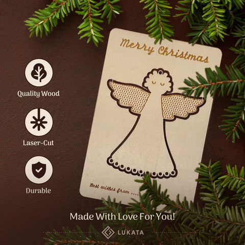 Lukata Premium Wooden Card with Pop-Out Angel & Envelope, Merry Christmas Card For Friends & Family, Hanging tree decorations, Linen Thread - Lukata LTD